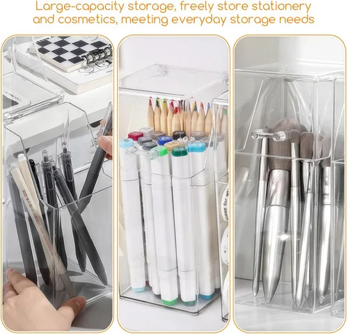 Miniatura 7 de Organizador cuadrado de acrílico para cepillos cosméticos con tapa a prueba de polvo, transparente, 3.5 x 3.5 x 8.3 pulgadas, 1 unidad