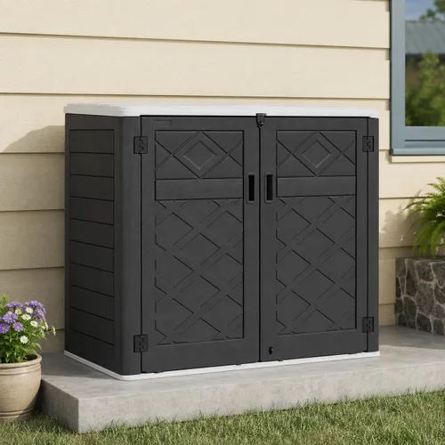 ADDOK Cobertizo de almacenamiento al aire libre más grande resistente al clima, caja de almacenamiento horizontal al aire libre impermeable para