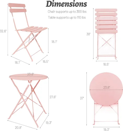 Miniatura 3 de Juego de 3 piezas de muebles de patio para exteriores, mesa y sillas plegables con marco de acero de primera calidad, resistente a la intemperie