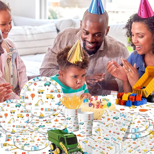 Miniatura 4 de Suministros de fiesta de cumpleaños de transporte, juego de 142 piezas de platos y servilletas de papel de transporte para decoraciones de mesa