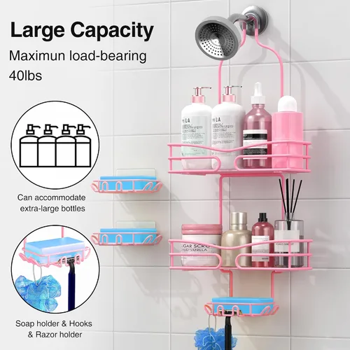 Miniatura 2 de DAOYA Over the Shower Head Caddy Pink - Organizador de ducha colgante con 3 soportes para jabón, organizador de baño de acero inoxidable
