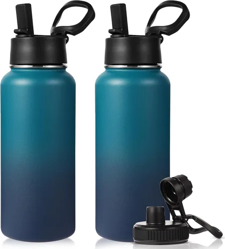 Miniatura 14 de Neihepal Botella de agua aislada de 32 onzas con 2 tapas (tapa con pajilla y boquilla), botellas de agua de doble pared de acero inoxidable 18/8