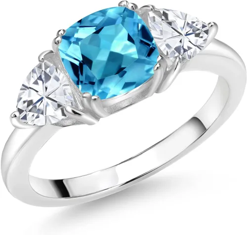 Miniatura 43 de 925 Sterling Silver Gemstone Birthstone and White Moissanite 3-Stone Engagement Ring for Women 7MM Cushion and 5MM Trillion Accents Three Stone