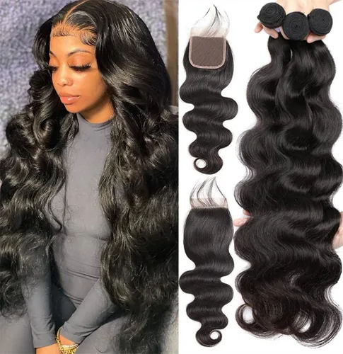 Miniatura 16 de Paquetes de Ondas Corporales con Cierre para Mujeres Negras (10 12 14+10) 100% Cabello Humano Brasileño de Ondas Corporales Sin Procesar 3 Paquetes