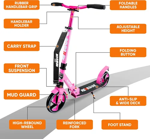 Miniatura 5 de Hurtle Renegade Kick Scooter for Kids, Teenagers & Adults - 2-Wheel Folding Scooter with Adjustable T-Bar Handlebar - Alloy Anti-Slip Deck Rosa
