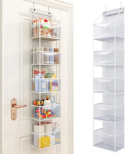 Fixwal Organizador de puerta colgante para despensa con 5 estantes, organizador de habitación con bolsillos de plástico transparente, 25 lb de Blanco