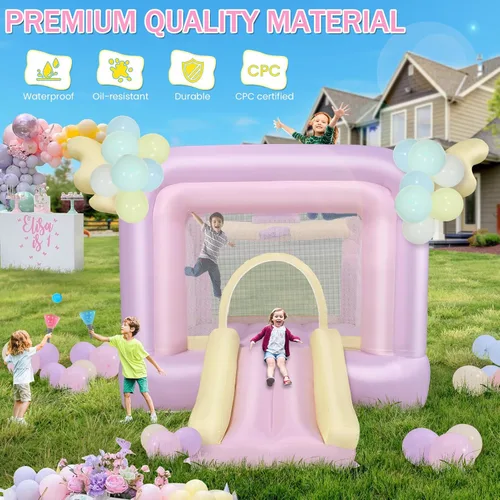 Miniatura 2 de AKEYDIY Casa inflable de rebote para niños, 106'' x 85'' x 80'' Casa de salto Macaron con tobogán, globos, set de atrapar pelotas, saco de boxeo