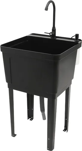 Fregadero de lavandería de un solo tazón con asa y grifo giratorio de 360°, fregadero independiente grande para lavandería, baños, restaurantes al