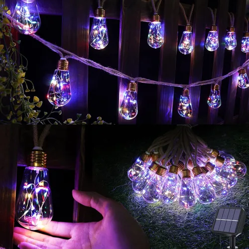 Solar Outdoor String Lights, 20Ft Vintage Rope Hemp Solar Patio Lights, Waterproof Multicolor Solar Powered String Lights With 8 Modes 16