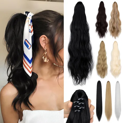 Miniatura 8 de Extensión de cola de caballo de 22 pulgadas y 24 pulgadas de largo, ondulado y lacio, extensiones de cabello sintético de aspecto natural