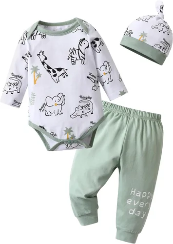 Miniatura 57 de Conjunto de 3 piezas de ropa de bebé recién nacido con estampado de manga larga + pantalones + sombrero