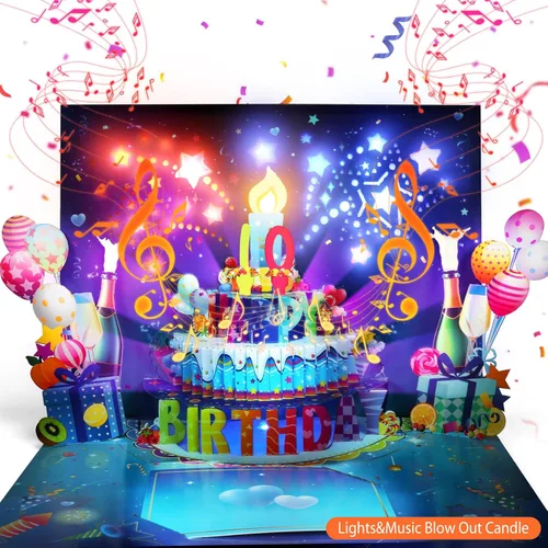 Miniatura 7 de Tarjeta de Cumpleaños Musical 3D, Vela de Luz LED Soplable, Tarjetas de 3D de Cumpleaños Emergentes con Números DIY 0-9, Vela de Luz LED Soplable