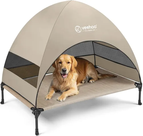 Miniatura 12 de Veehoo Cama para perros con dosel para exteriores, cuna elevada para mascotas con toldo extraíble y enfriamiento, pies antideslizantes, cuna elevada