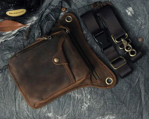 Miniatura 4 de Le'aokuu - Bolso de pierna para moto, de cuero genuino, para hombre, bolso tipo mensajero a la cintura), 211-1