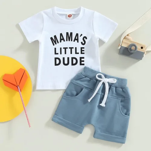 Miniatura 48 de Conjunto de traje de verano para bebé niño pequeño, manga corta, cuello redondo, letras impresas, lindo traje de verano, conjunto de 2 piezas