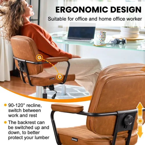 Miniatura 3 de Silla de oficina moderna de mediados de siglo, silla de escritorio ergonómica de piel sintética con ruedas y brazos, silla giratoria ajustable