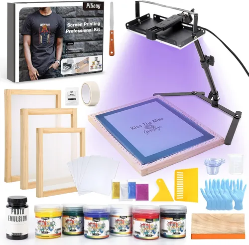 Pllieay Kit de impresión de pantalla de 60 piezas con lámpara LED de exposición UV, tinta de impresión de pantalla de 6 colores, marcos de impresión