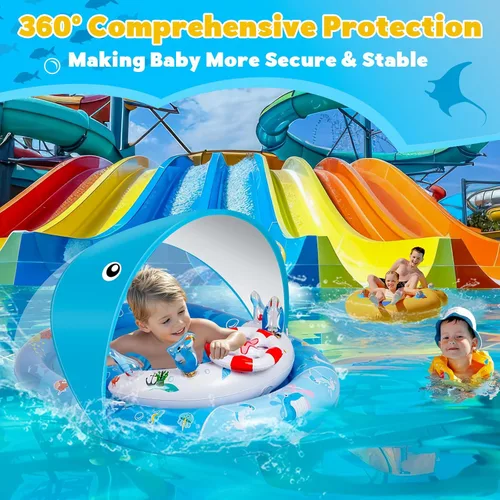 Miniatura 2 de Flotador de piscina para bebé con toldo, flotador de natación para bebé con toldo de protección solar UPF50+ y consola de juegos de juguete