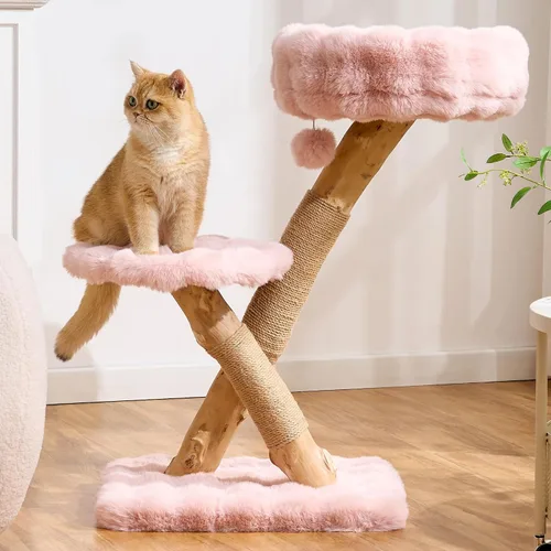 Miniatura 10 de Árbol para gatos de madera natural para gatos adultos de interior, torre de gatos moderna de 33 pulgadas con cama de felpa súper suave y percha
