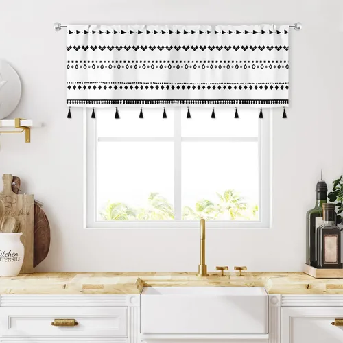 Miniatura 6 de MESHELLY Boho Kitchen Curtains 27.5Wx39H Inch Rod Pocket Black and White Modern Abstract Minimalist Geometric Tassels Chic Bedroom Window Drapes