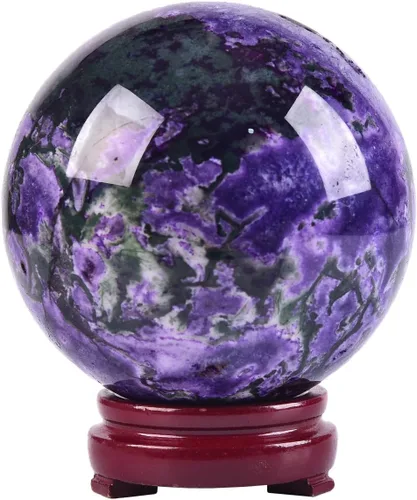 Miniatura 42 de JIC Gem Esfera grande de cristal Chevron de amatista con cristales curativos de curación con soporte de madera para meditación y decoración