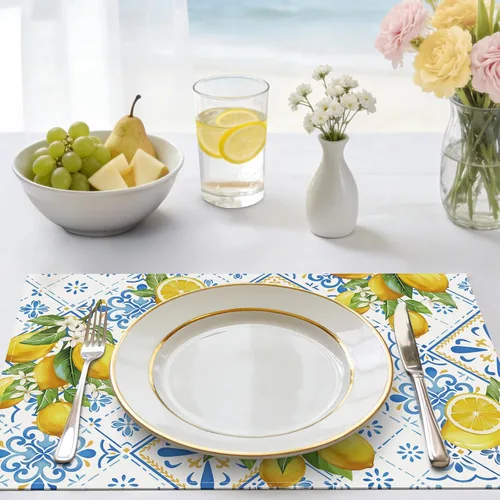 Miniatura 2 de Bonhause Juego de 4 manteles individuales de verano de limón de 12 x 18 pulgadas, azulejos italianos azules, limones, frutas amarillas