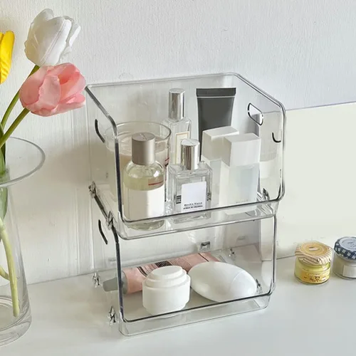Miniatura 3 de Zerodeko Caja de 2 piezas de estante transparente, organizador de maquillaje transparente, organizador de acrílico para escritorio, vitrina