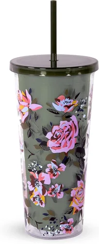 Vera Bradley Vaso de viaje con tapa y pajilla, vaso aislado de 24 onzas, vaso de plástico de doble pared, diseño de perspectivas rosadas