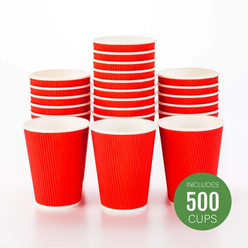 Miniatura 2 de Restaurantware 12 onzas Tazas de papel desechables con pared ondulada para café, 500 vasos de papel aislados color rojo medianoche con diseño
