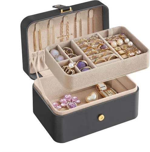 Miniatura 57 de SONGMICS Caja organizadora de joyas, estuche de viaje de 2 capas para aretes, collares, pulseras, almacenamiento portátil de joyas con gran Verde