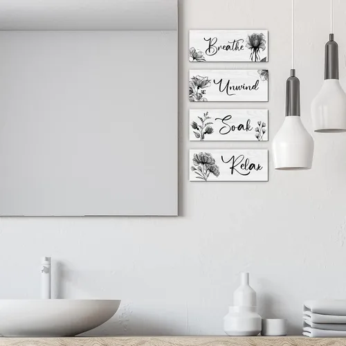 Miniatura 8 de 4 Piezas de Arte de Pared para Baño Decoración Rústica de Casa de Campo Letrero de Relajarse, Remojarse, Desconectar y Respirar Letrero de Madera