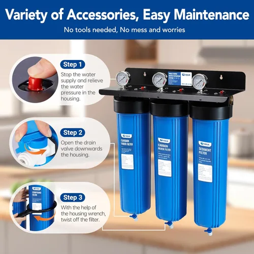 Miniatura 7 de WF3-01 PRO - Sistema de filtración de agua de 3 etapas para toda la casa, azul grande de 20 x 5.5 pulgadas, reduce metales pesados, PFAS