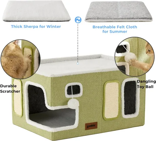 Miniatura 3 de ZOMISIA Casa Extra-Ancha para Gatos de Interior – Casa Grande para Gatos para Mascotas con Pompón Colgante y Almohadilla Rascadora, Refugio Plegable