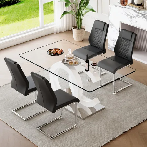 Miniatura 10 de gopop Mesa de comedor de cristal de 63 pulgadas, mesa de cocina moderna, mesa de comedor de vidrio transparente con patas de diseño único negro