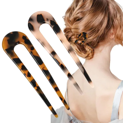 CURASA Horquillas de pelo francesas de tortuga en forma de U, 2 piezas de acetato de celulosa para moños, accesorios de peinado duraderos para