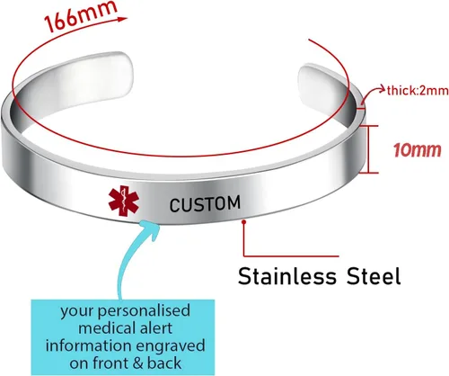 Miniatura 24 de LoEnMe Jewelry Pulseras de alerta médica personalizadas para hombres y mujeres, personalizable, grabado gratuito, acero inoxidable, pulsera