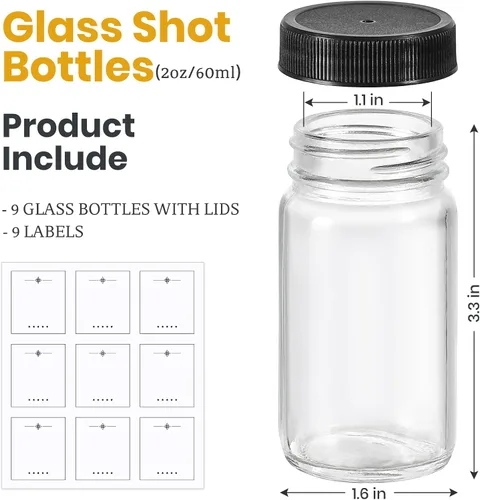 Miniatura 2 de Paquete de 9, botellas de vidrio de 2 onzas con tapas negras y 9 etiquetas, tarro pequeño transparente para jengibre, inyección de bienestar, jugo
