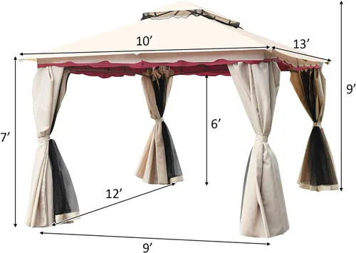 Miniatura 5 de Tangkula Cenador de patio de 13 x 10 pies, cenador de acero para exteriores con malla y paredes laterales de privacidad, kiosco de 2 niveles con 130