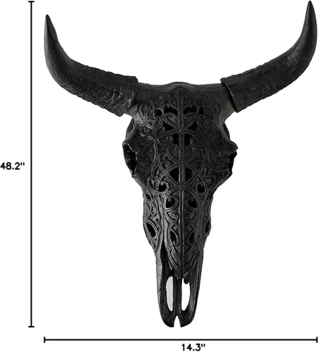 Miniatura 8 de OTARTU Escultura para colgar en la pared, diseño tribal negro, diseño tallado con calavera de buey de 19 pulgadas, arte de decoración de pared