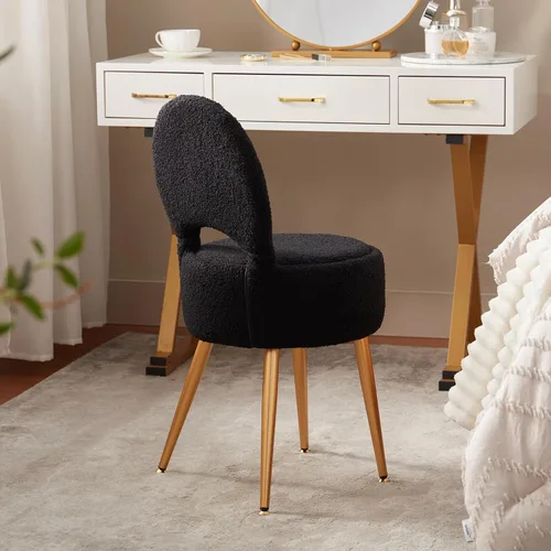 Miniatura 2 de Taburete silla de tocador pequeño con almacenamiento y respaldo plegable, 4 patas de metal con pies antideslizantes, otomana redonda con asiento