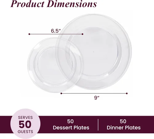 Miniatura 3 de Aya's Cutlery Kingdom 100 platos de plástico transparente para fiestas, juego de 50 platos desechables resistentes para cena y 50 platos de postre