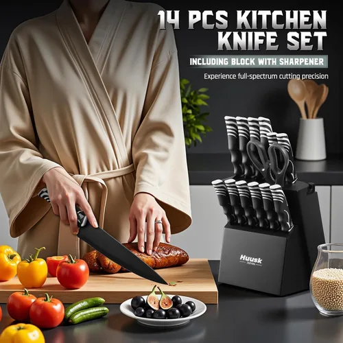 Miniatura 2 de Juego de bloque de cuchillos Huusk con afilador - Juego de cuchillos de cocina negros con bloque de cuchillos de madera - Regalos ideales