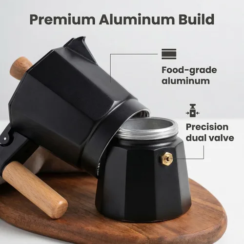 Miniatura 2 de Cafetera italiana de aluminio Moka Pot Espresso (3 tazas) (6 tazas) (9 tazas) (Beige+madera, 3 tazas de espresso)