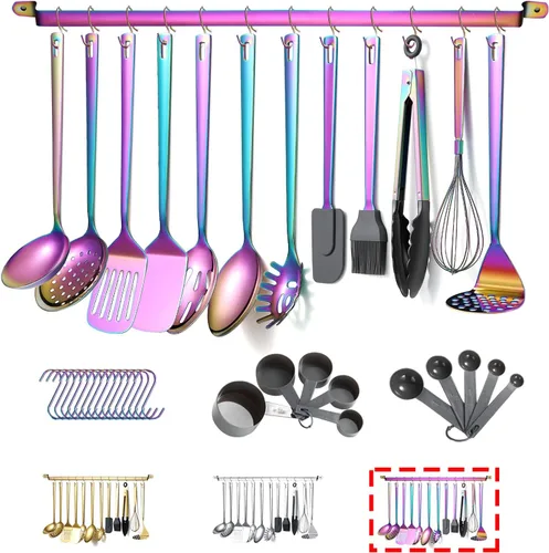 Juego de utensilios de cocina de arco iris, Kyraton de acero inoxidable con 37 piezas, juego de herramientas de cocina con estante de utensilios,
