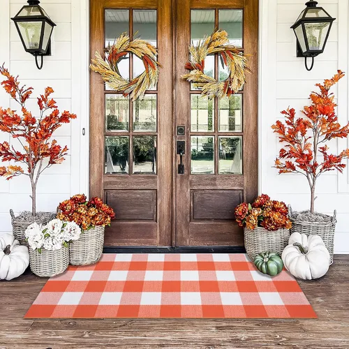Miniatura 37 de Alfombra a Cuadros Naranja y Negra, 3 x 5 Pies, Alfombra Decorativa de Otoño para Puerta Delantera al Aire Libre, Alfombra de Algodón Lavable Tejida