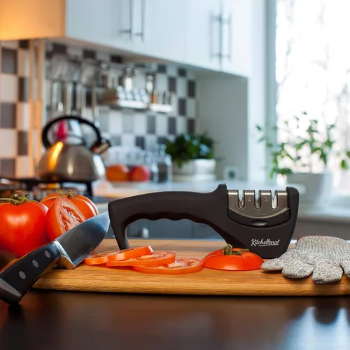 Miniatura 4 de Accesorios para cuchillos de cocina 4 en 1: afilador de cuchillos de 3 etapas ayuda a reparar, restaurar, pulir hojas y guante resistente a cortes