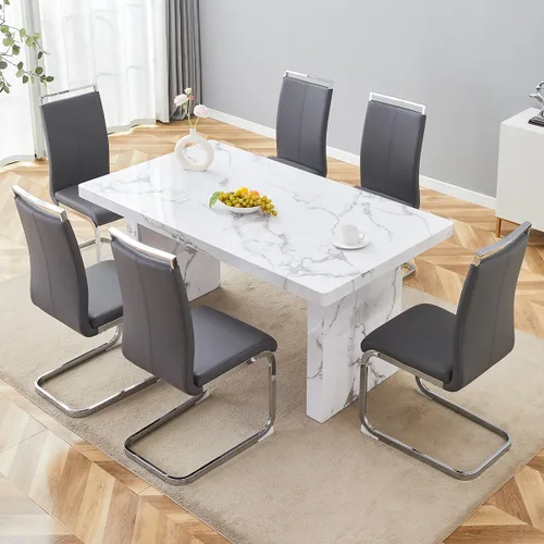 Miniatura 30 de gopop Mesa de comedor de mármol de 63 pulgadas, tablero de mesa de comedor MDF con patrón de mármol y base para cocina y comedor.