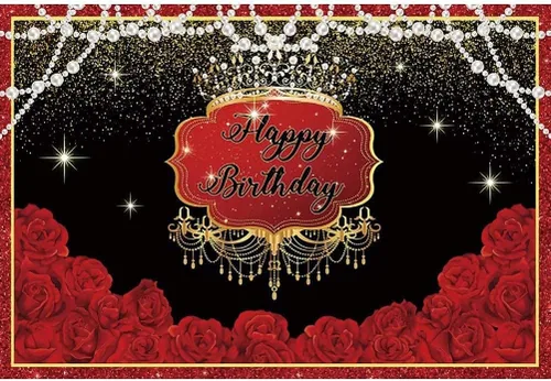 Telón de fondo de feliz cumpleaños para mujer, 5 x 3 pies, rosas rojas, flores, manchas doradas, perlas, fondo de fotografía de lujo, decoración de