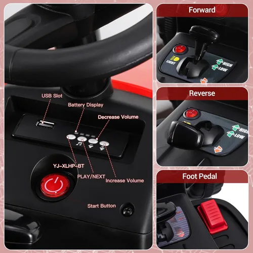 Miniatura 4 de SEHOMY Tractor de Power Wheels Rojo con Remolque, Carro Montable para Niños Pequeños con Control Remoto, 7 Faros LED, Motor Dual, Batería de 12V