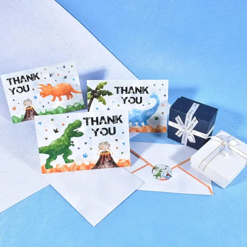 Miniatura 4 de WERNNSAI 24 tarjetas de agradecimiento de dinosaurio, decoraciones de fiesta de dinosaurios, tarjetas de agradecimiento para niños con sobres, Niño